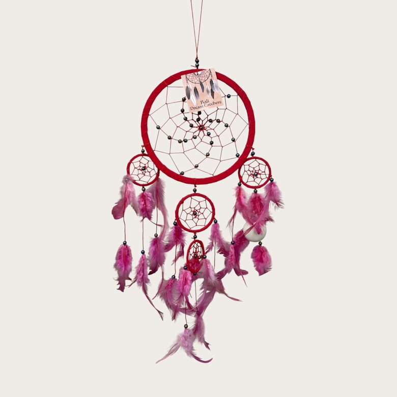 Sapņu ķērājs Bali (zamšādas audums sarkans, rozā spalvas) lielais